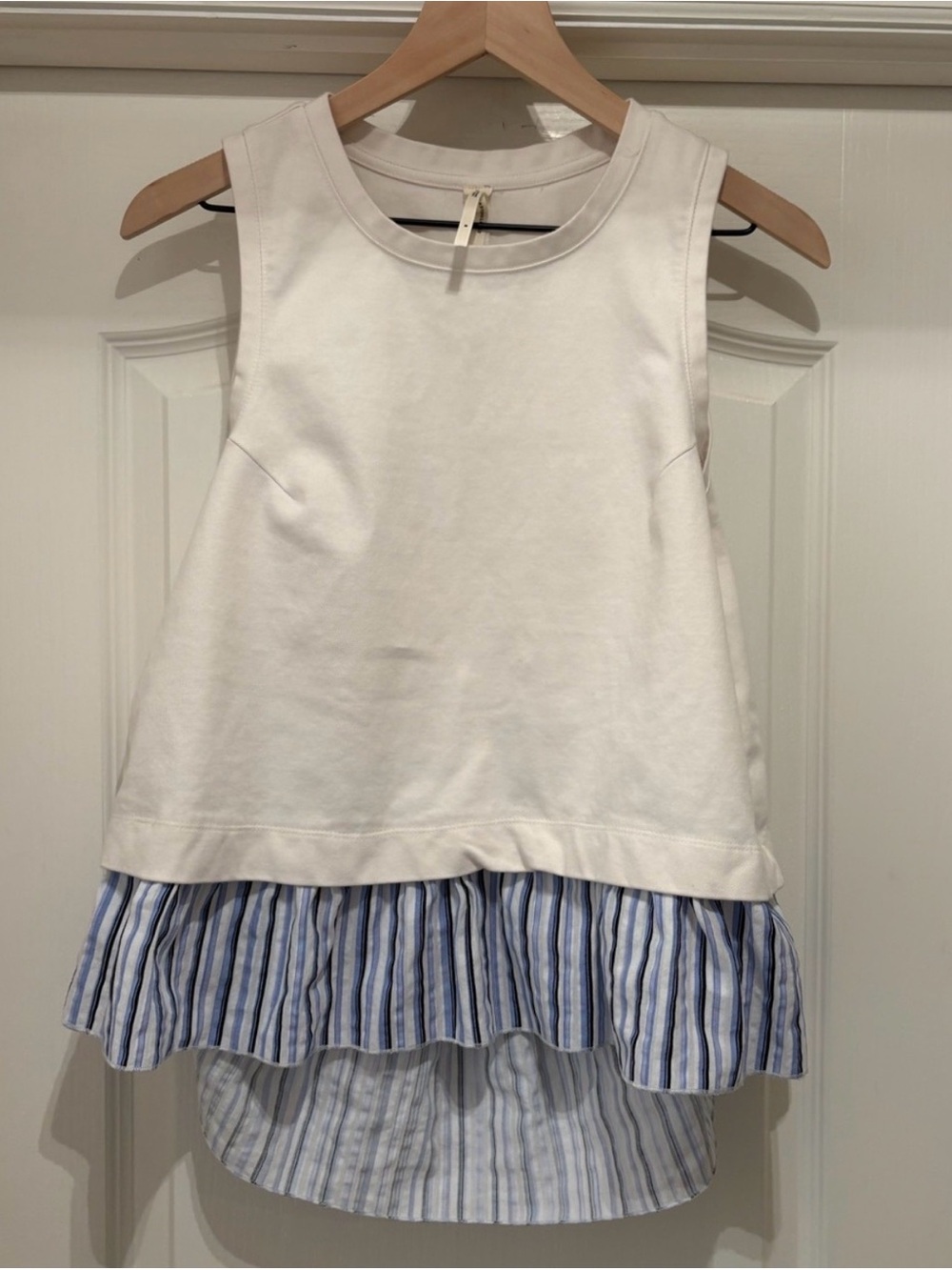 White Tank Top with Blue Striped Ruffle Hem